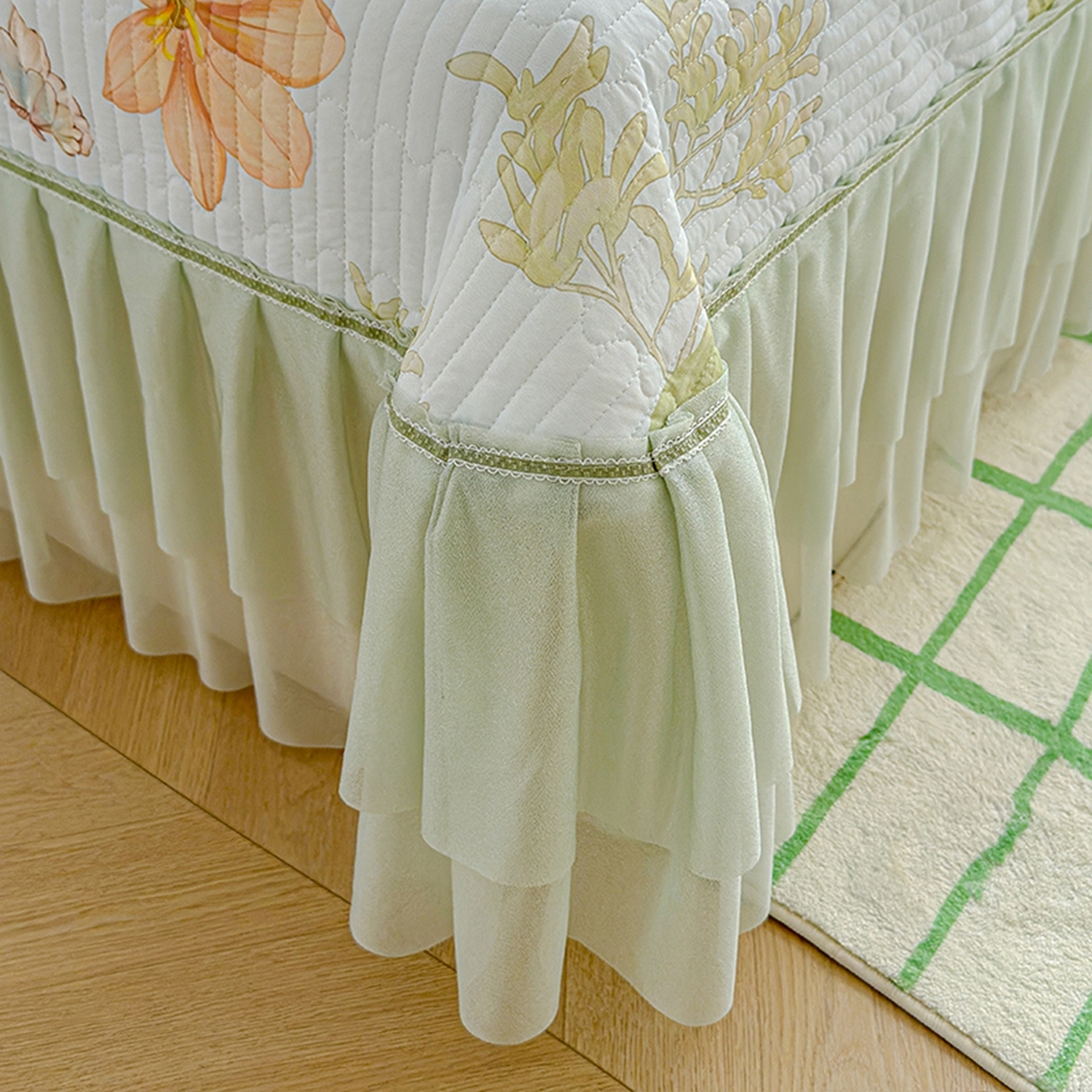 91家纺网 家纺一手货源 找家纺 冬然家纺 2026新款锦氨凉感丝数码印花工艺云感纱花边凉席席子 花溪