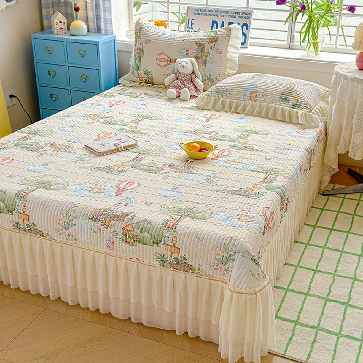 91家纺网 家纺一手货源 找家纺 冬然家纺 2026新款锦氨凉感丝数码印花工艺云感纱花边凉席席子 萌宠乐园