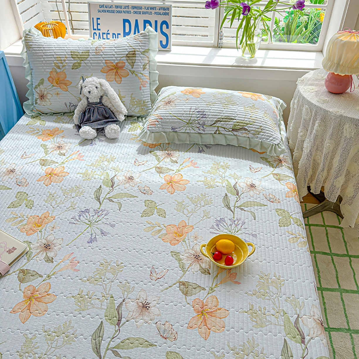 91家纺网 家纺一手货源 找家纺 冬然家纺 2026新款锦氨凉感丝数码印花工艺云感纱花边凉席席子 花溪