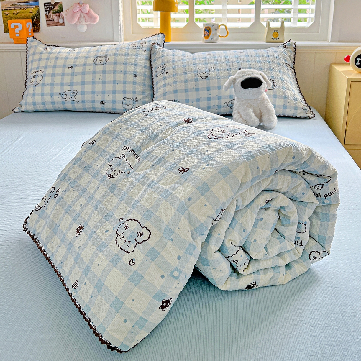 91家纺网 家纺一手货源 找家纺 恒尚居 2026新款A类泡芙纱贝壳边夏被四套件空调被三角针绣边夏被夏被四件套 【兰格奶狗】小花边