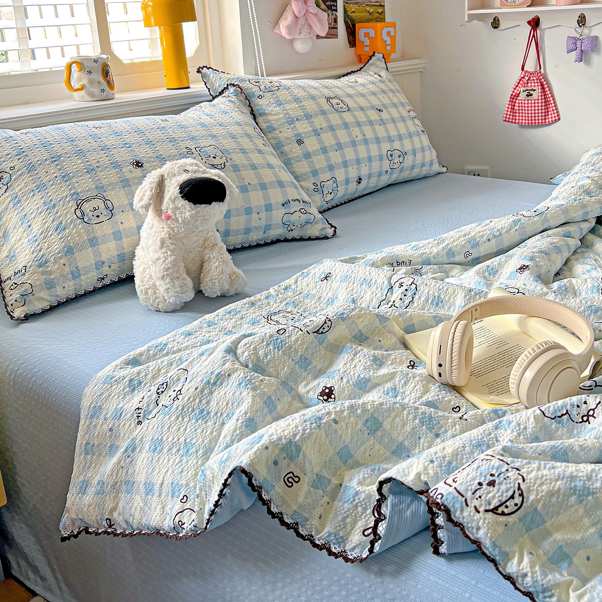 91家纺网 家纺一手货源 找家纺 恒尚居 2026新款A类泡芙纱贝壳边夏被四套件空调被三角针绣边夏被夏被四件套 【兰格奶狗】小花边