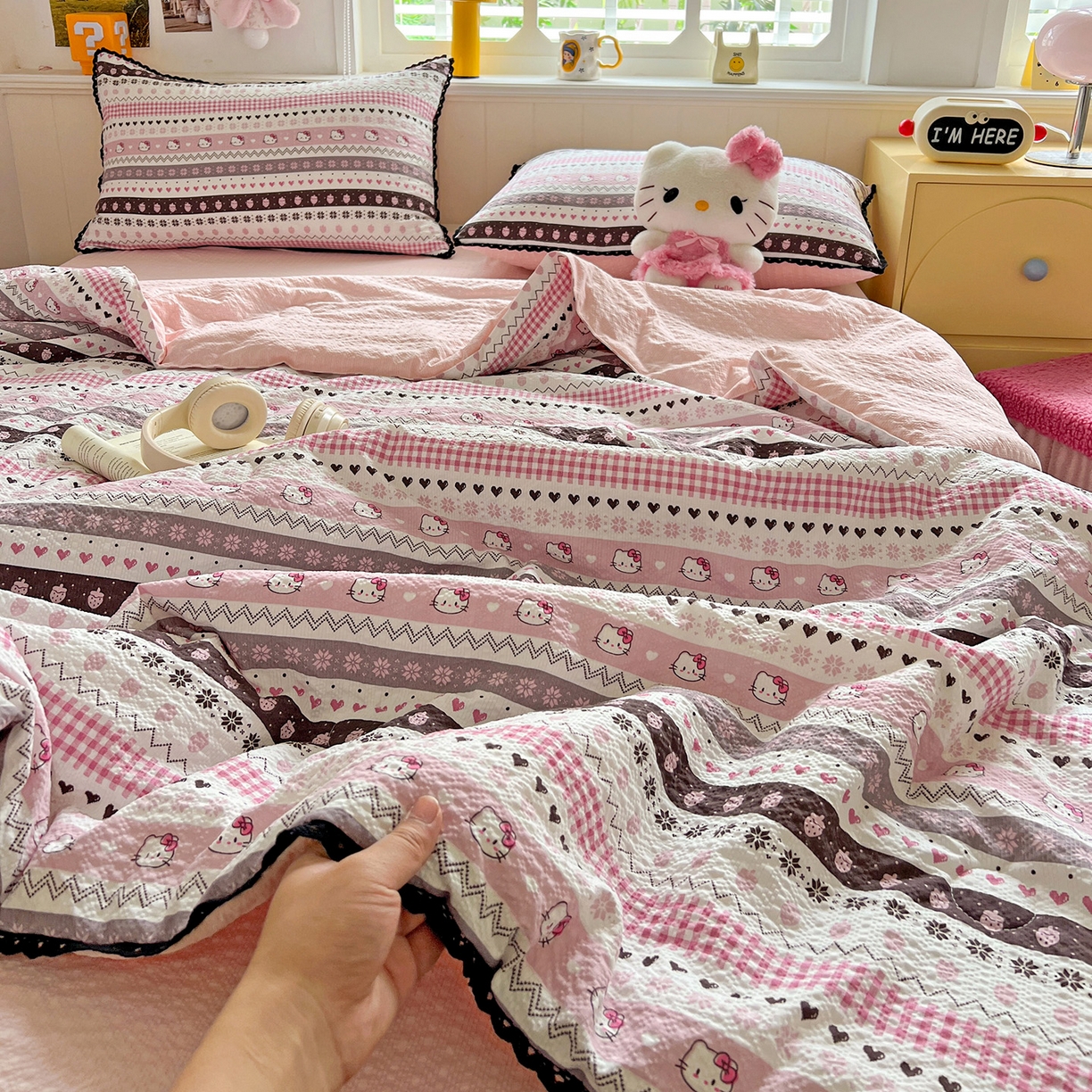 恒尚居 2026新款A类泡芙纱贝壳边夏被四套件空调被三角针绣边夏被夏被四件套 【粉糖泡泡猫】小花边