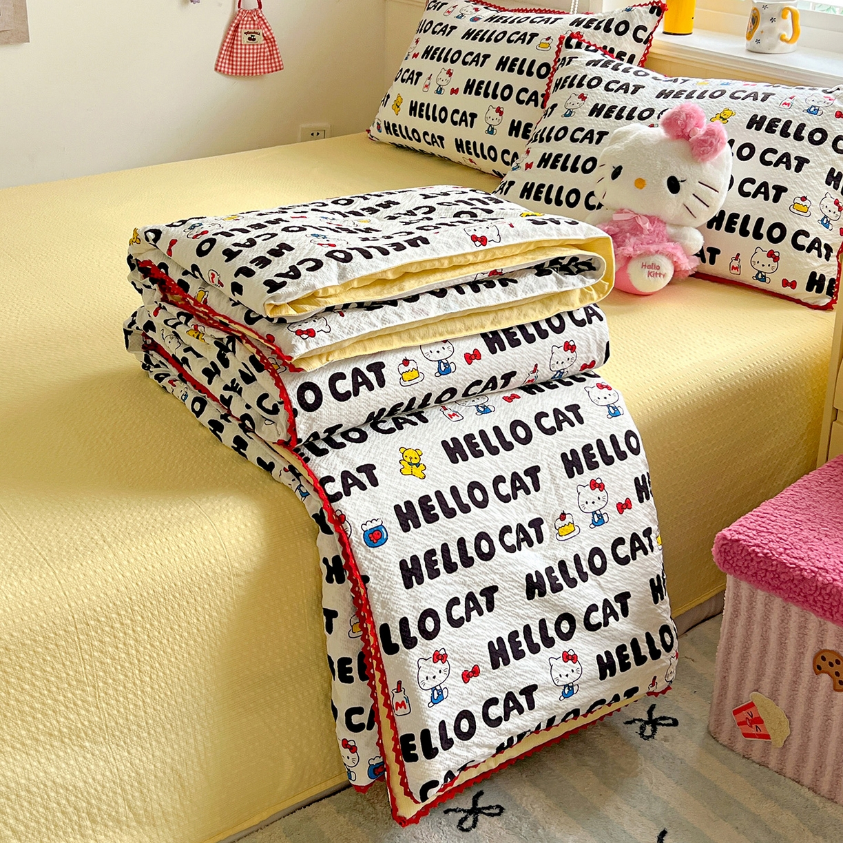 91家纺网 家纺一手货源 找家纺 恒尚居 2026新款A类泡芙纱贝壳边夏被四套件空调被三角针绣边夏被夏被四件套 【字母喵喵】小花边