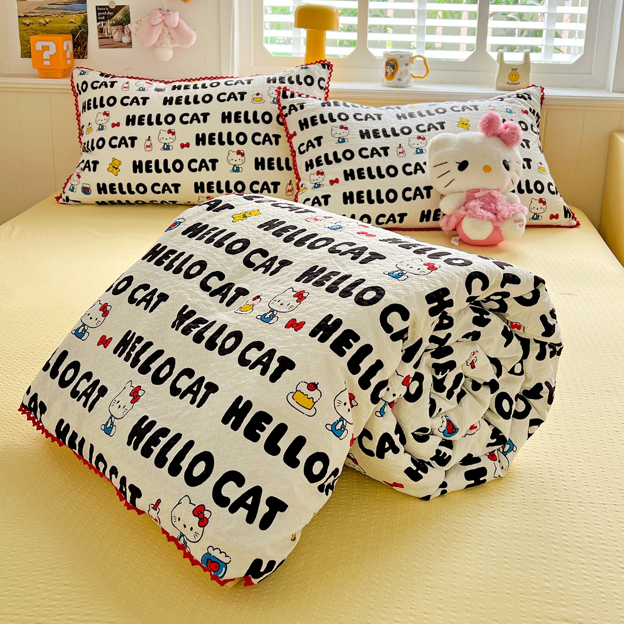 91家纺网 家纺一手货源 找家纺 恒尚居 2026新款A类泡芙纱贝壳边夏被四套件空调被三角针绣边夏被夏被四件套 【字母喵喵】小花边