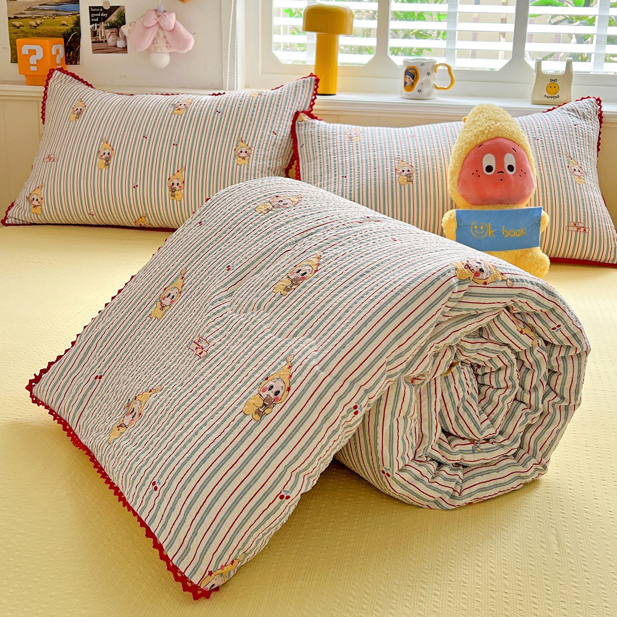 91家纺网 家纺一手货源 找家纺 恒尚居 2026新款A类泡芙纱贝壳边夏被四套件空调被三角针绣边夏被夏被四件套 【阳光条纹】小花边