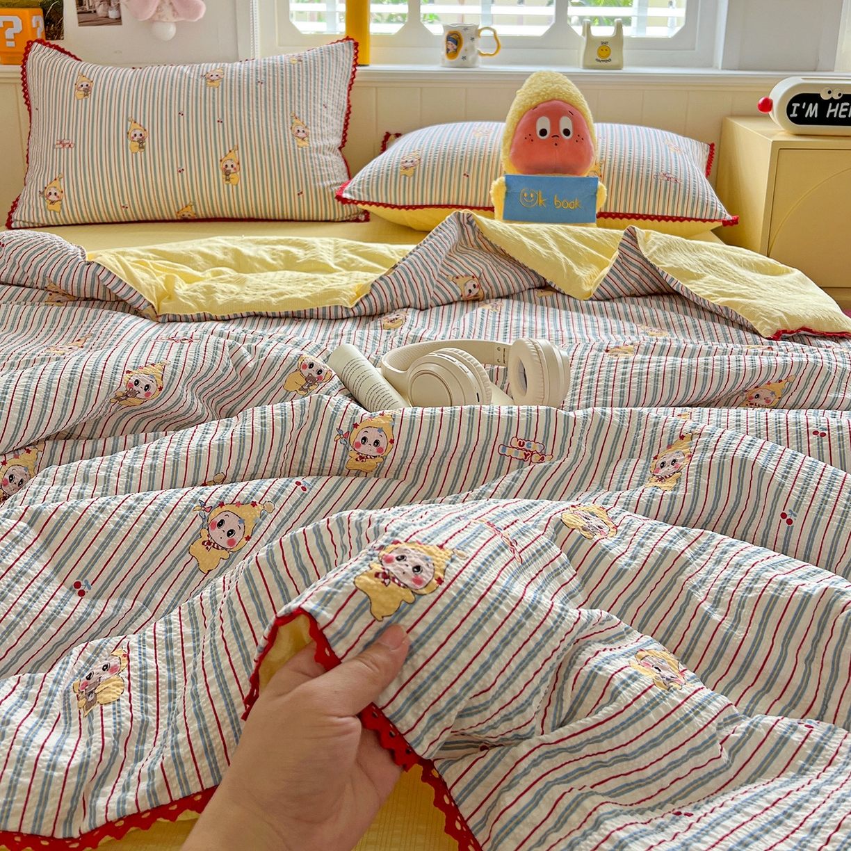 恒尚居 2026新款A类泡芙纱贝壳边夏被四套件空调被三角针绣边夏被夏被四件套 【阳光条纹】小花边