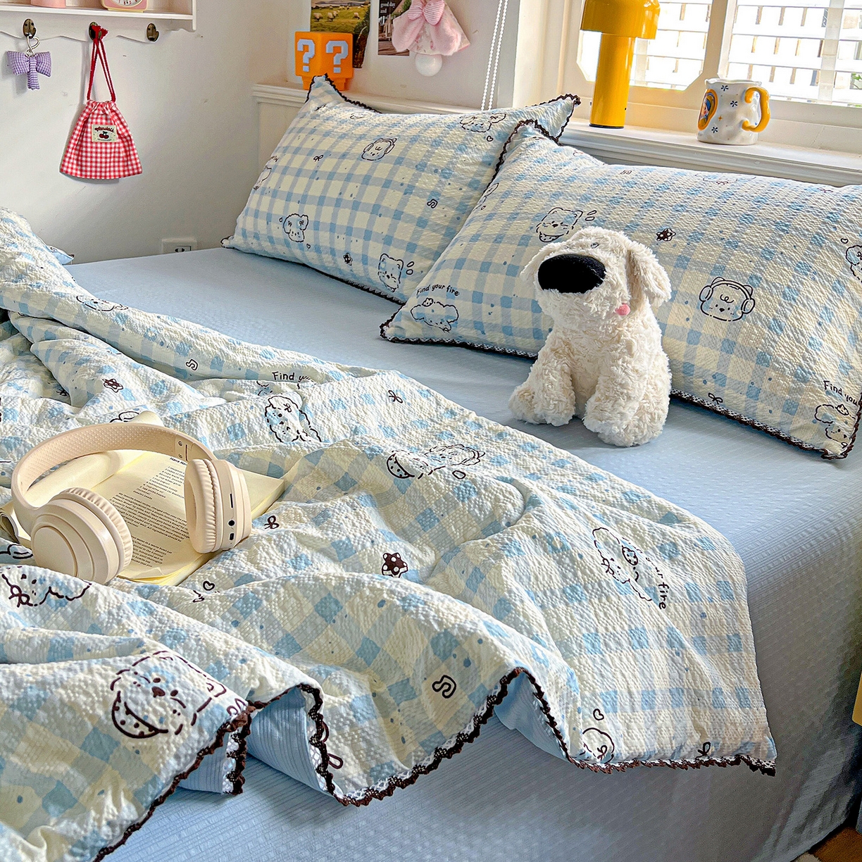 91家纺网 家纺一手货源 找家纺 恒尚居 2026新款A类泡芙纱贝壳边夏被四套件空调被三角针绣边夏被夏被四件套 【兰格奶狗】小花边