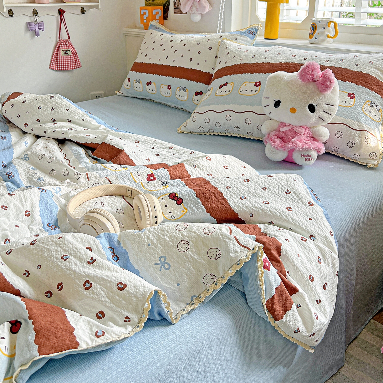 91家纺网 家纺一手货源 找家纺 恒尚居 2026新款A类泡芙纱贝壳边夏被四套件空调被三角针绣边夏被夏被四件套 【波点奶芙】小花边