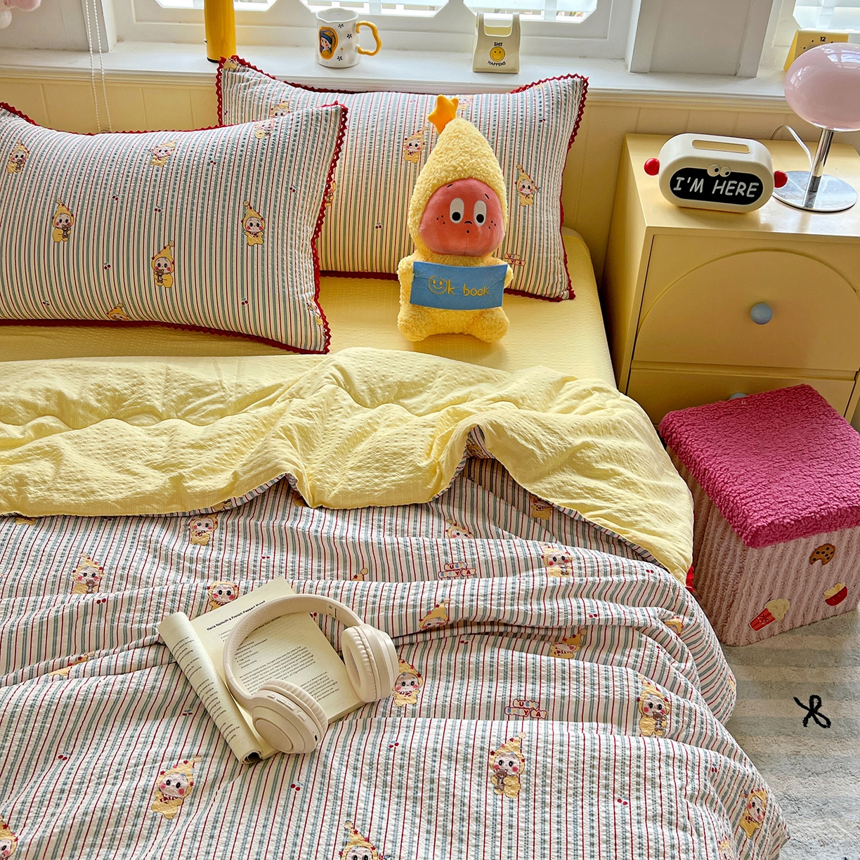 91家纺网 家纺一手货源 找家纺 恒尚居 2026新款A类泡芙纱贝壳边夏被四套件空调被三角针绣边夏被夏被四件套 【阳光条纹】小花边