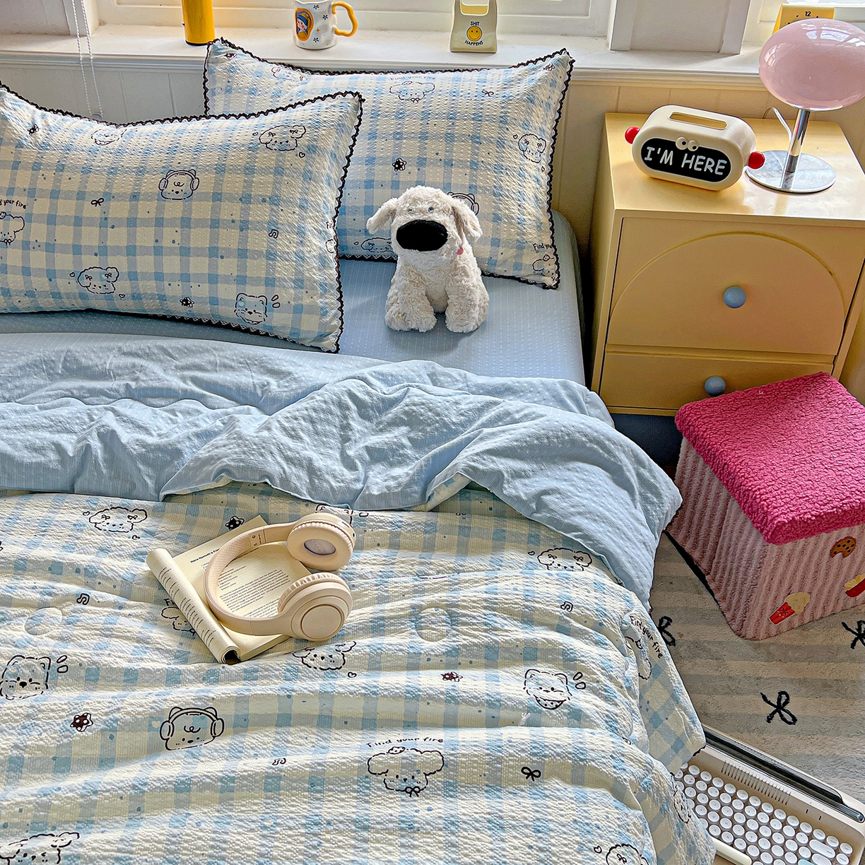 91家纺网 家纺一手货源 找家纺 恒尚居 2026新款A类泡芙纱贝壳边夏被四套件空调被三角针绣边夏被夏被四件套 【兰格奶狗】小花边