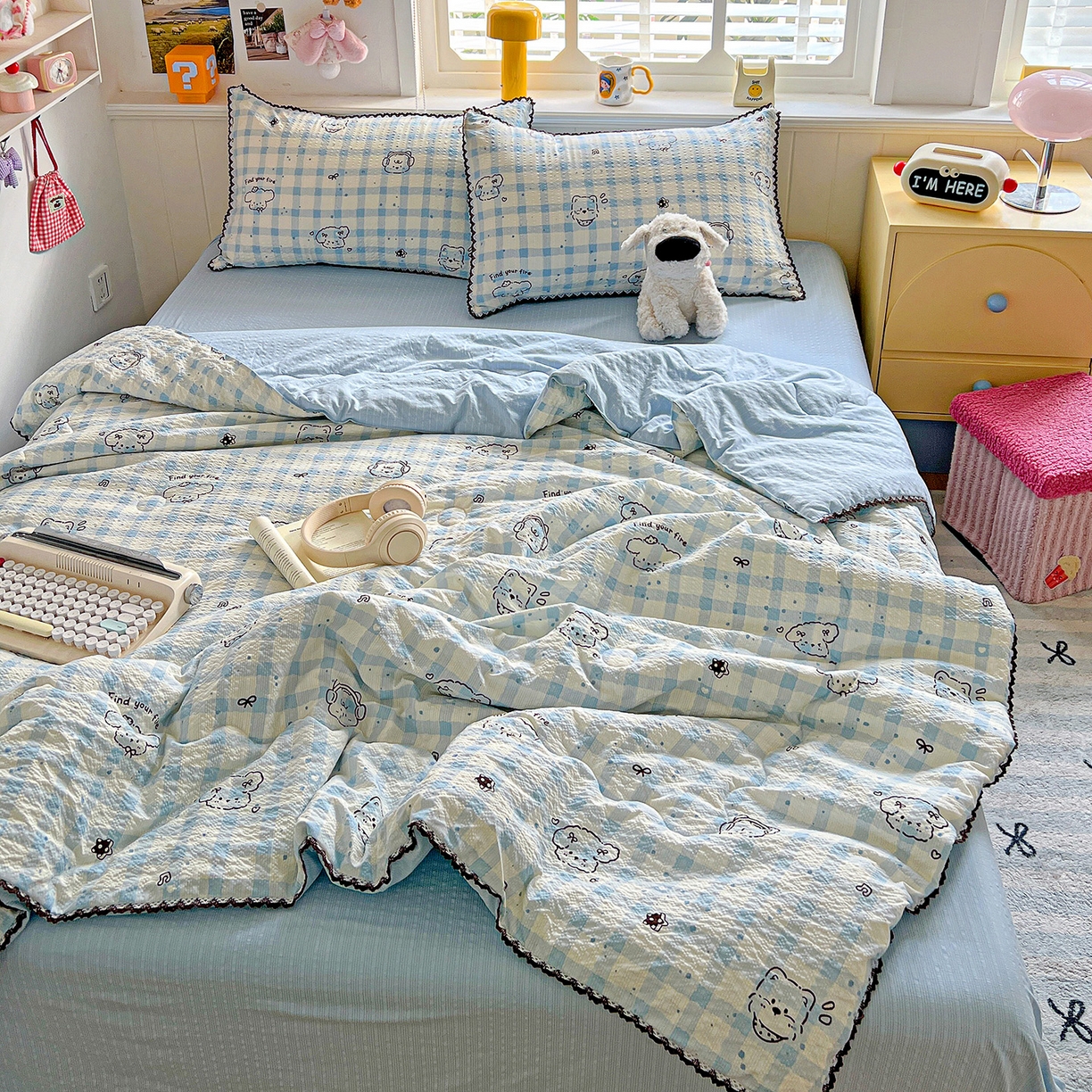 91家纺网 家纺一手货源 找家纺 恒尚居 2026新款A类泡芙纱贝壳边夏被四套件空调被三角针绣边夏被夏被四件套 【兰格奶狗】小花边