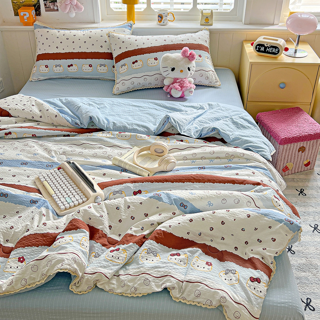 91家纺网 家纺一手货源 找家纺 恒尚居 2026新款A类泡芙纱贝壳边夏被四套件空调被三角针绣边夏被夏被四件套 【波点奶芙】小花边