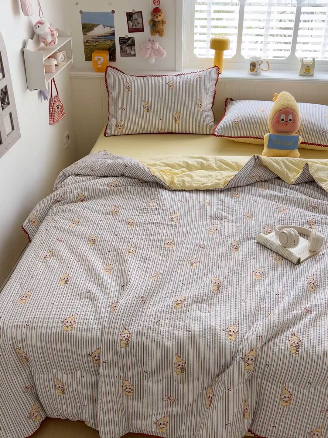 91家纺网 家纺一手货源 找家纺 恒尚居 2026新款A类泡芙纱贝壳边夏被四套件空调被三角针绣边夏被夏被四件套 【阳光条纹】小花边