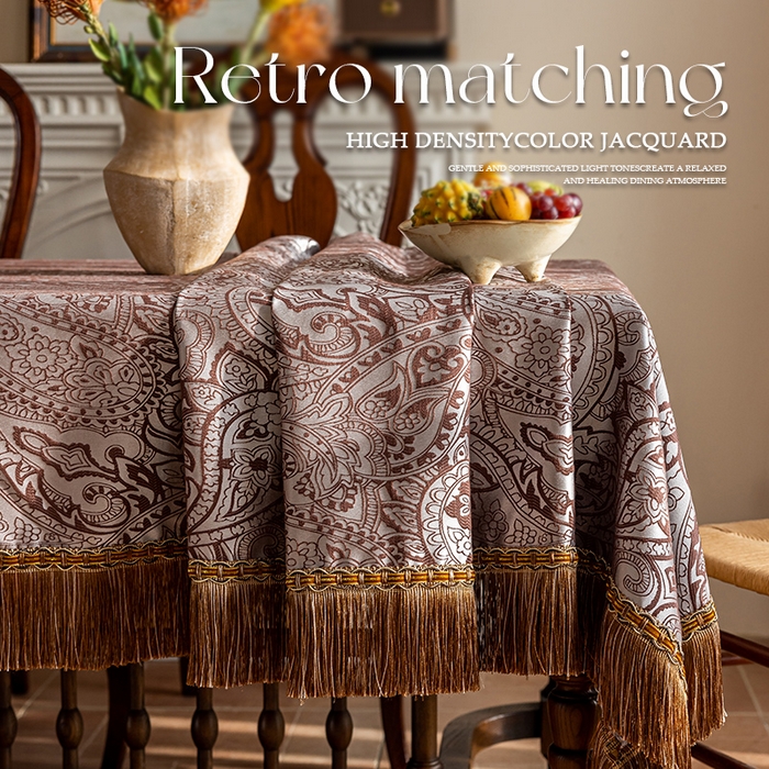 91家纺网 家纺一手货源 找家纺 南通大梧纺织 2026新款珠光（流苏款）桌布 珠光-咖啡（流苏款）