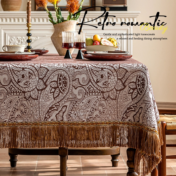 91家纺网 家纺一手货源 找家纺 南通大梧纺织 2026新款珠光（流苏款）桌布 珠光-咖啡（流苏款）