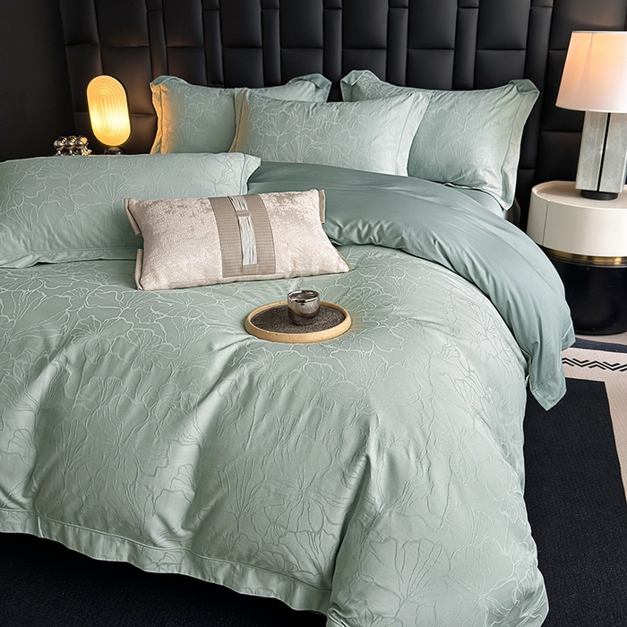 91家纺网 家纺一手货源 找家纺 宏羽纺家纺 2026新款100S长绒棉浮雕提花居家四件套 山间雾-喜绿