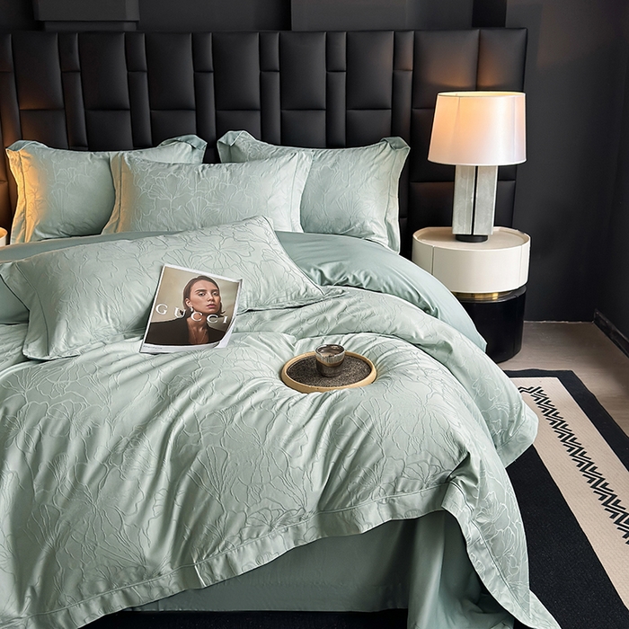 91家纺网 家纺一手货源 找家纺 宏羽纺家纺 2026新款100S长绒棉浮雕提花居家四件套 山间雾-喜绿