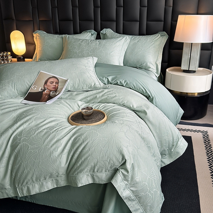 91家纺网 家纺一手货源 找家纺 宏羽纺家纺 2026新款100S长绒棉浮雕提花居家四件套 山间雾-喜绿