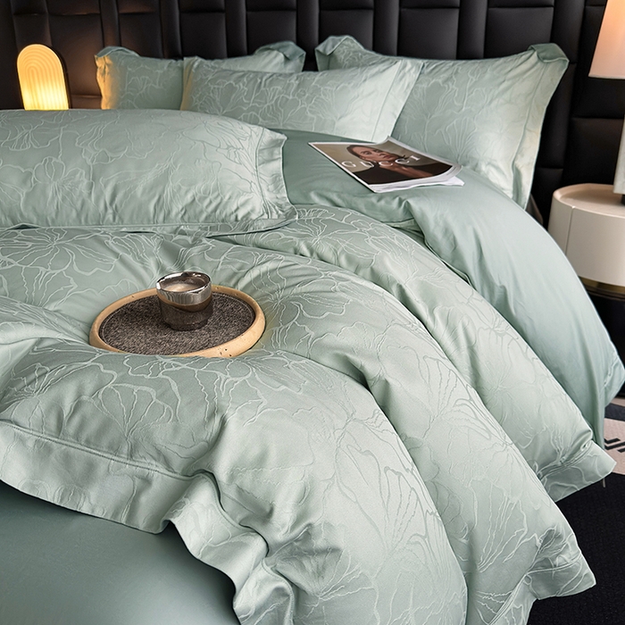91家纺网 家纺一手货源 找家纺 宏羽纺家纺 2026新款100S长绒棉浮雕提花居家四件套 山间雾-喜绿