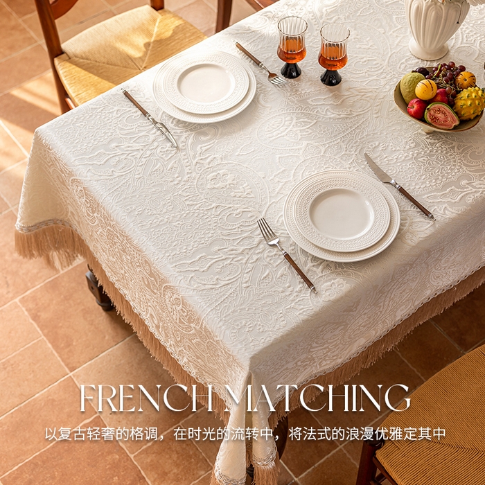 91家纺网 家纺一手货源 找家纺 南通大梧纺织 2026新款珠光（流苏款）桌布 珠光-米白（流苏款）