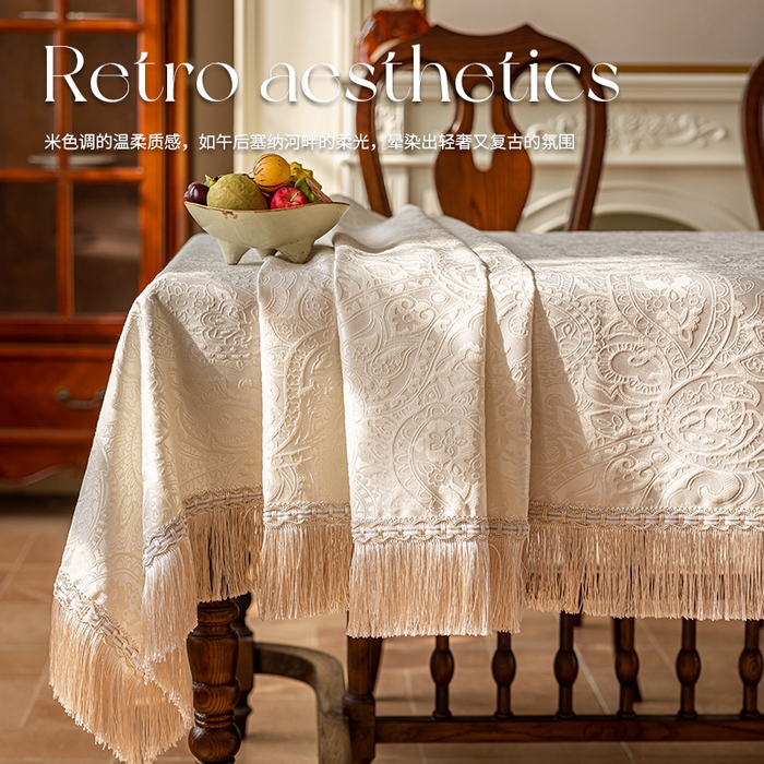 91家纺网 家纺一手货源 找家纺 南通大梧纺织 2026新款珠光（流苏款）桌布 珠光-米白（流苏款）