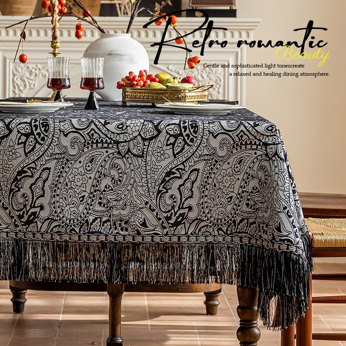 91家纺网 家纺一手货源 找家纺 南通大梧纺织 2026新款珠光（流苏款）桌布 珠光-曜黑（流苏款）