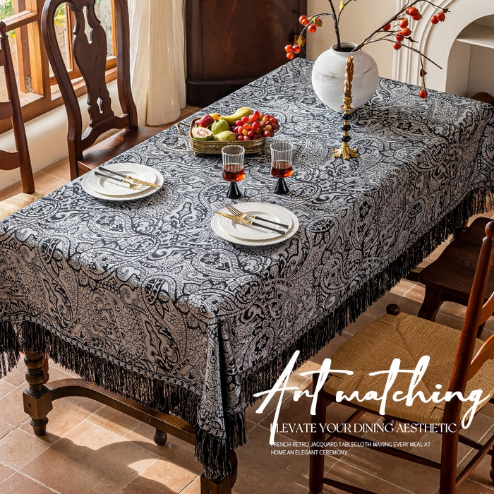 91家纺网 家纺一手货源 找家纺 南通大梧纺织 2026新款珠光（流苏款）桌布 珠光-曜黑（流苏款）