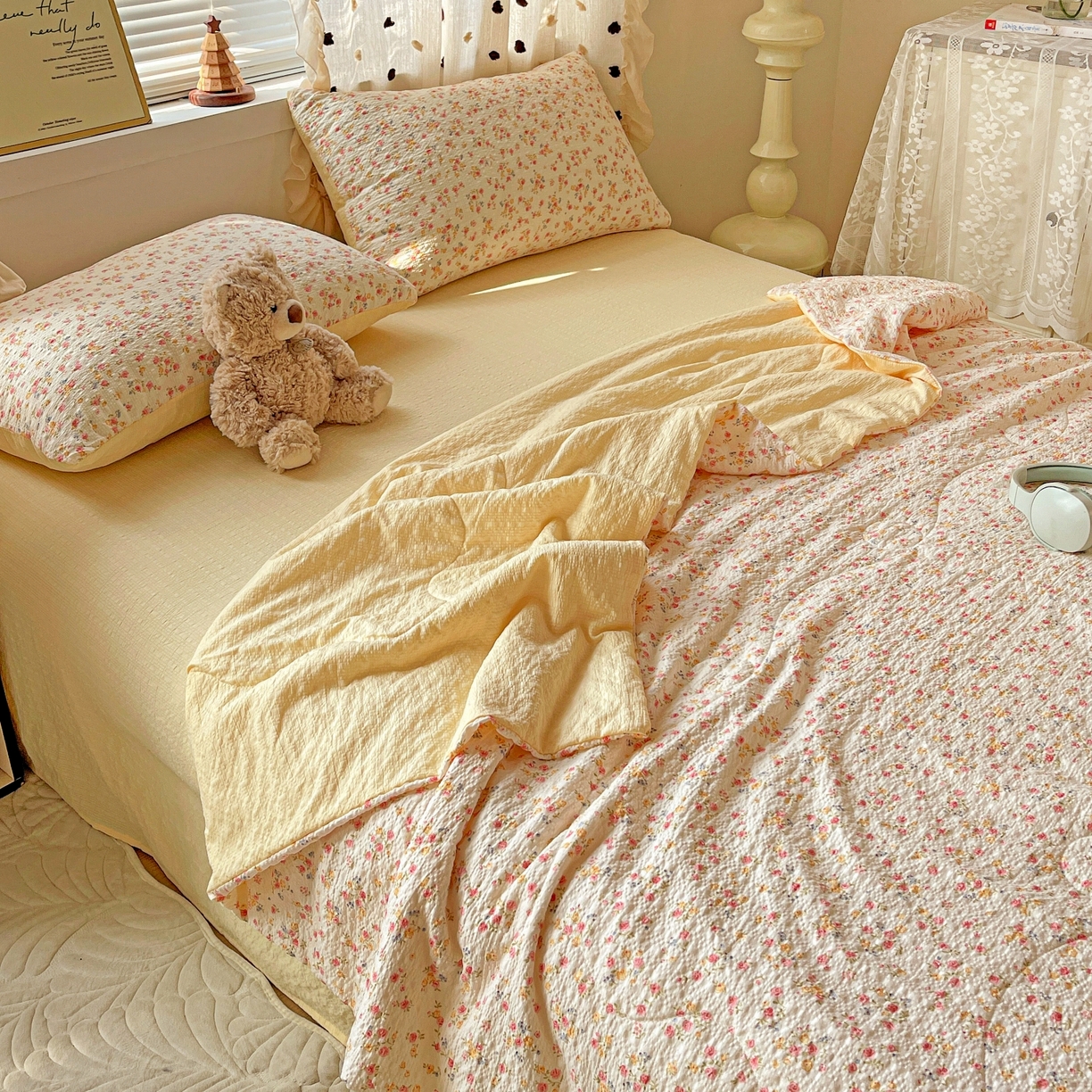 91家纺网 家纺一手货源 找家纺 一比一家纺 2026新款泡芙纱简款夏被四件套 心愿