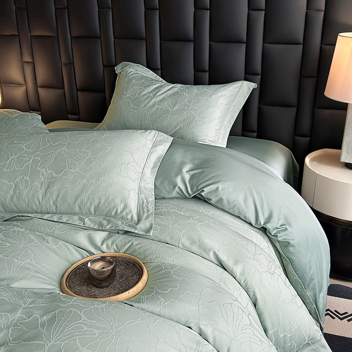 91家纺网 家纺一手货源 找家纺 宏羽纺家纺 2026新款100S长绒棉浮雕提花居家四件套 山间雾-喜绿