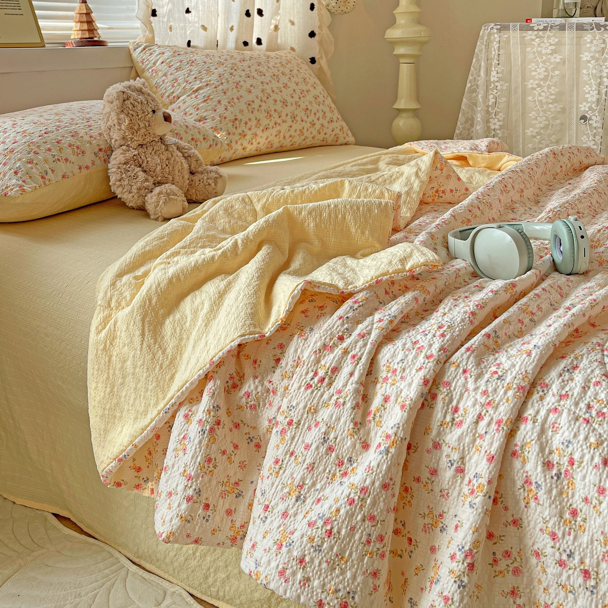 91家纺网 家纺一手货源 找家纺 一比一家纺 2026新款泡芙纱简款夏被四件套 心愿