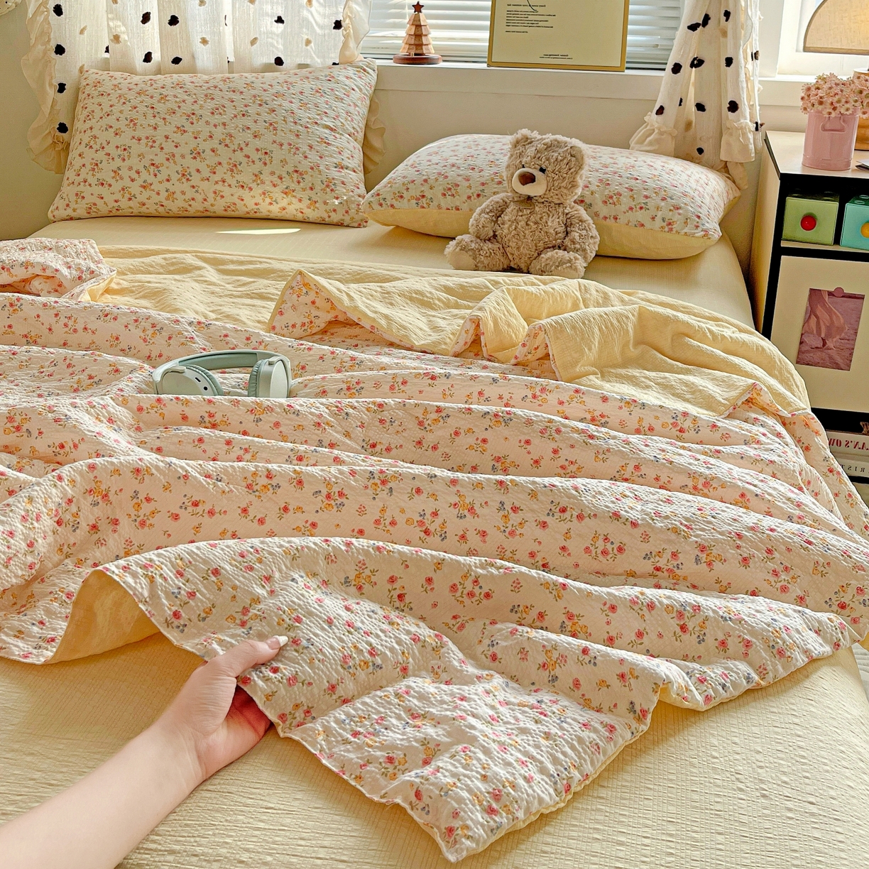 91家纺网 家纺一手货源 找家纺 一比一家纺 2026新款泡芙纱简款夏被四件套 心愿