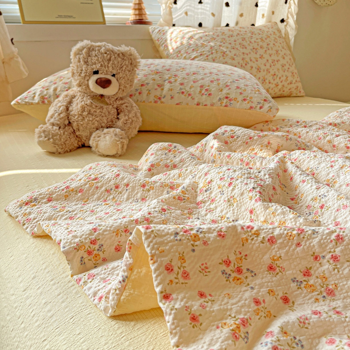 91家纺网 家纺一手货源 找家纺 一比一家纺 2026新款泡芙纱简款夏被四件套 心愿