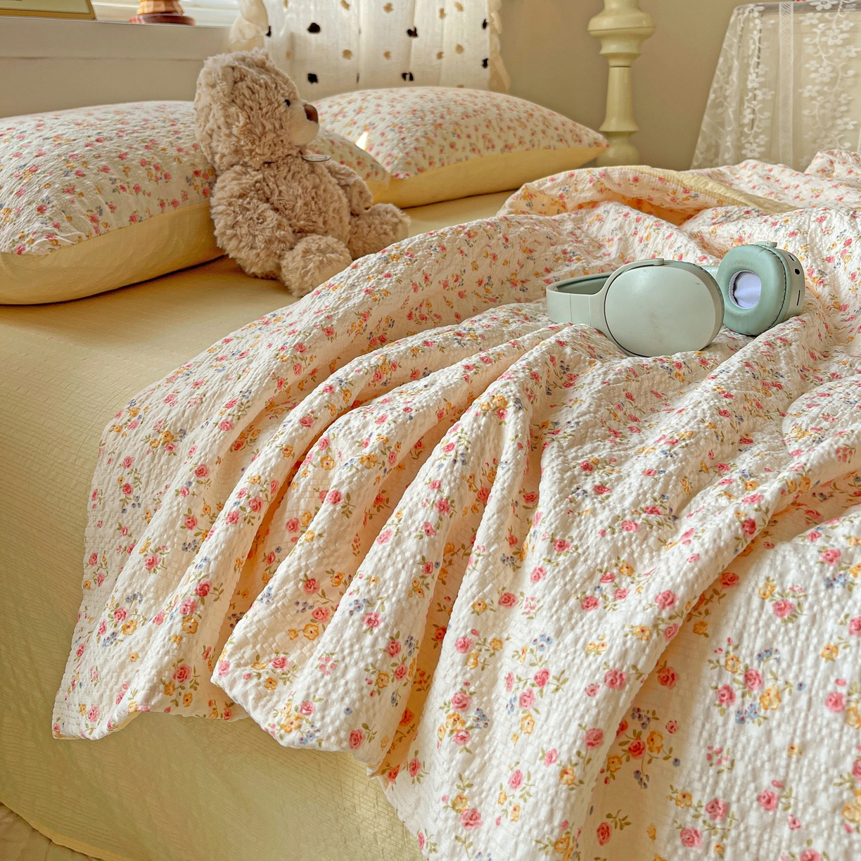 91家纺网 家纺一手货源 找家纺 一比一家纺 2026新款泡芙纱简款夏被四件套 心愿