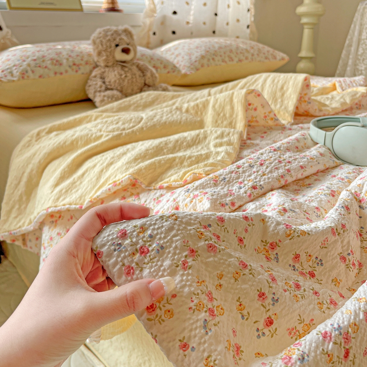 91家纺网 家纺一手货源 找家纺 一比一家纺 2026新款泡芙纱简款夏被四件套 心愿