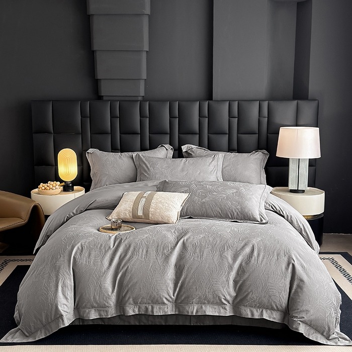 宏羽纺家纺 2026新款100S长绒棉浮雕提花居家四件套 叶纷-丁香灰