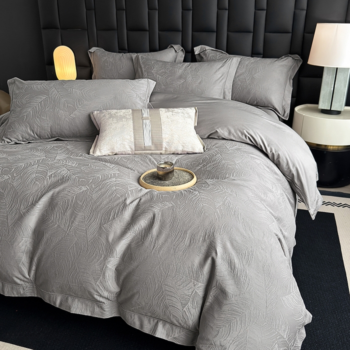 91家纺网 家纺一手货源 找家纺 宏羽纺家纺 2026新款100S长绒棉浮雕提花居家四件套 叶纷-丁香灰