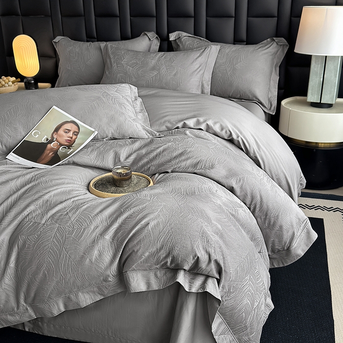 91家纺网 家纺一手货源 找家纺 宏羽纺家纺 2026新款100S长绒棉浮雕提花居家四件套 叶纷-丁香灰