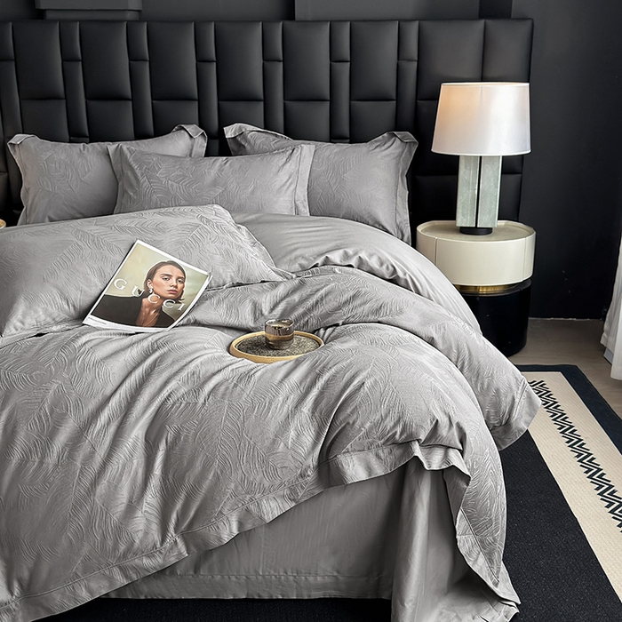 91家纺网 家纺一手货源 找家纺 宏羽纺家纺 2026新款100S长绒棉浮雕提花居家四件套 叶纷-丁香灰