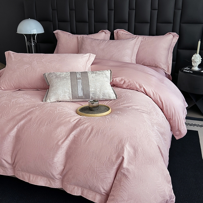 91家纺网 家纺一手货源 找家纺 宏羽纺家纺 2026新款100S长绒棉浮雕提花居家四件套 叶纷-豆沙