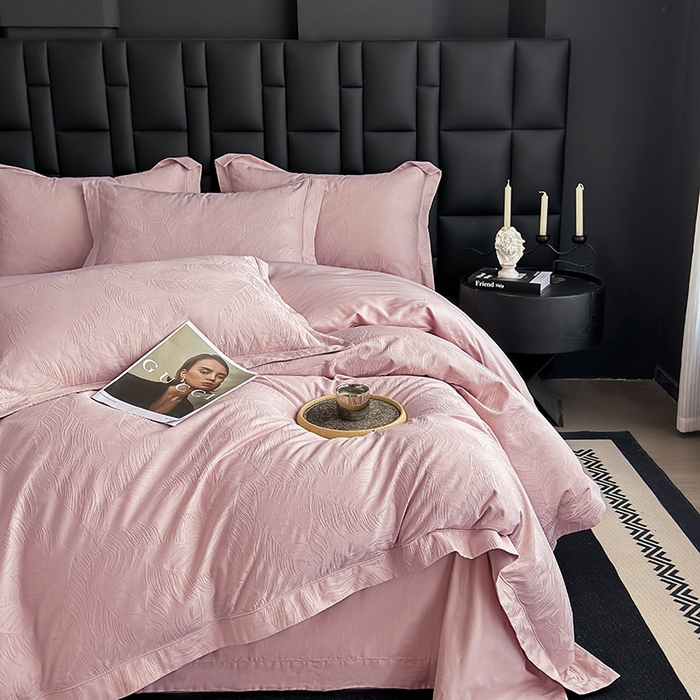 91家纺网 家纺一手货源 找家纺 宏羽纺家纺 2026新款100S长绒棉浮雕提花居家四件套 叶纷-豆沙