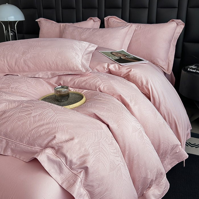 91家纺网 家纺一手货源 找家纺 宏羽纺家纺 2026新款100S长绒棉浮雕提花居家四件套 叶纷-豆沙