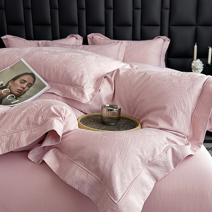 91家纺网 家纺一手货源 找家纺 宏羽纺家纺 2026新款100S长绒棉浮雕提花居家四件套 叶纷-豆沙