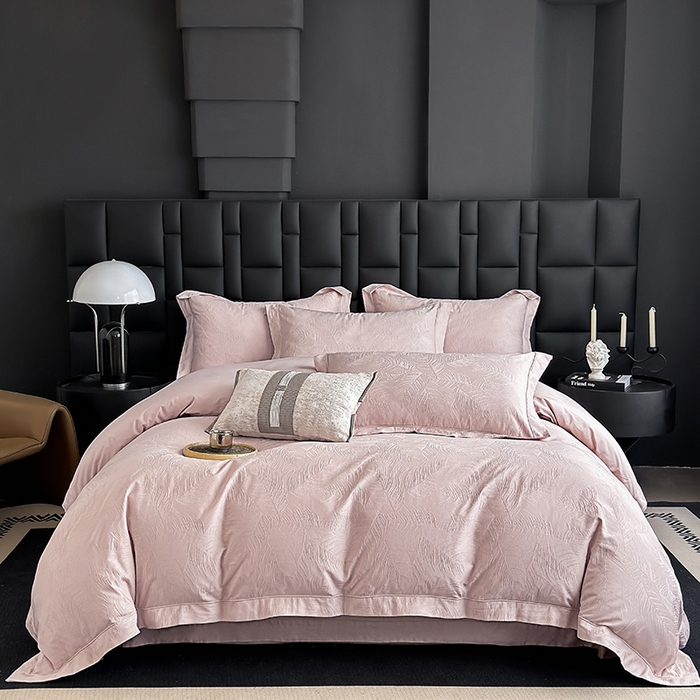 宏羽纺家纺 2026新款100S长绒棉浮雕提花居家四件套 叶纷-粉金