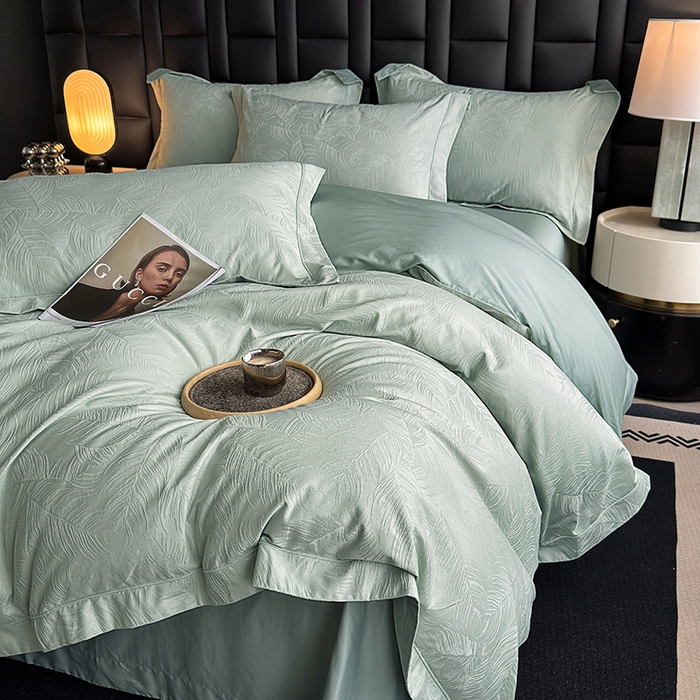 91家纺网 家纺一手货源 找家纺 宏羽纺家纺 2026新款100S长绒棉浮雕提花居家四件套 叶纷-喜绿