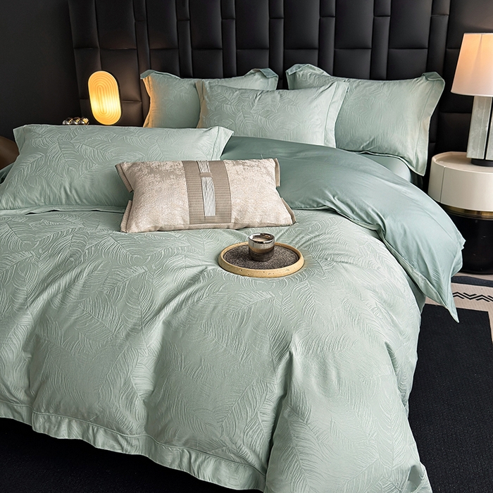 91家纺网 家纺一手货源 找家纺 宏羽纺家纺 2026新款100S长绒棉浮雕提花居家四件套 叶纷-喜绿