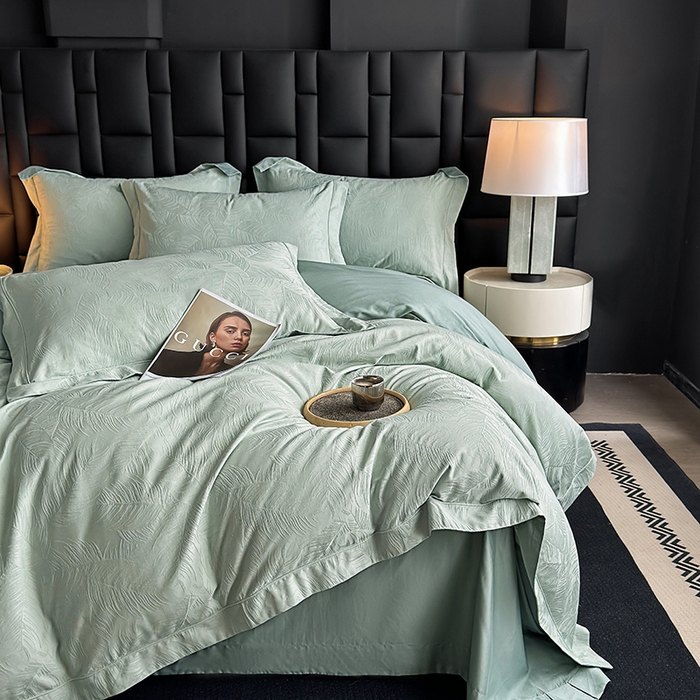 91家纺网 家纺一手货源 找家纺 宏羽纺家纺 2026新款100S长绒棉浮雕提花居家四件套 叶纷-喜绿