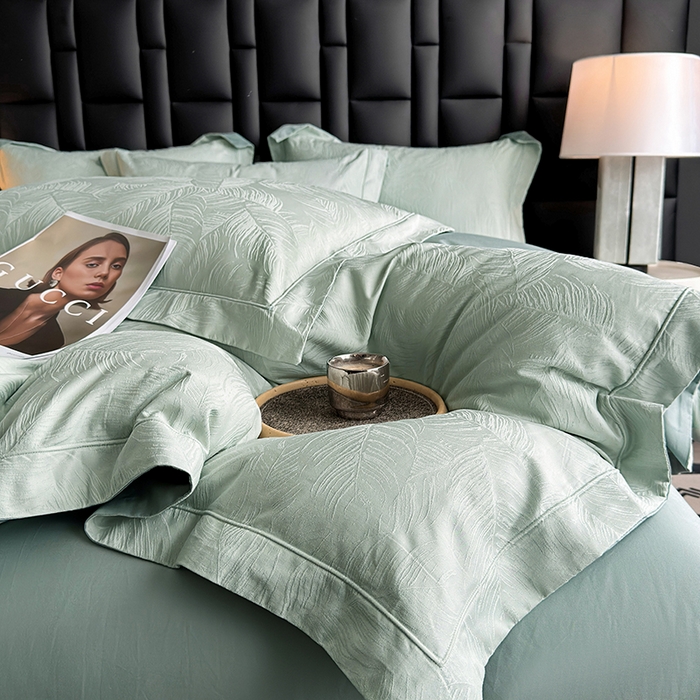 91家纺网 家纺一手货源 找家纺 宏羽纺家纺 2026新款100S长绒棉浮雕提花居家四件套 叶纷-喜绿