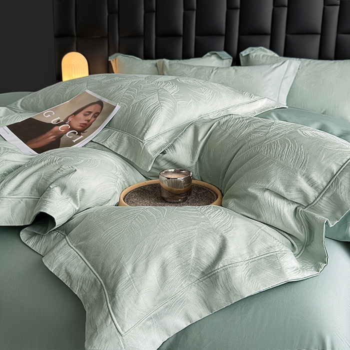 91家纺网 家纺一手货源 找家纺 宏羽纺家纺 2026新款100S长绒棉浮雕提花居家四件套 叶纷-喜绿