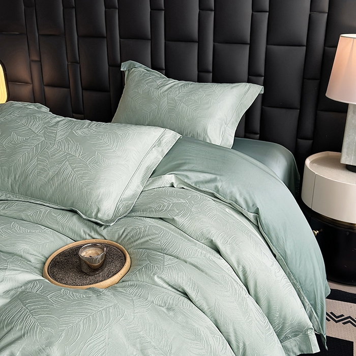 91家纺网 家纺一手货源 找家纺 宏羽纺家纺 2026新款100S长绒棉浮雕提花居家四件套 叶纷-喜绿