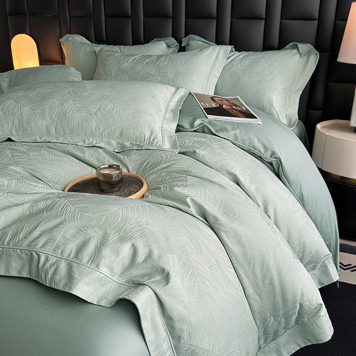 91家纺网 家纺一手货源 找家纺 宏羽纺家纺 2026新款100S长绒棉浮雕提花居家四件套 叶纷-喜绿